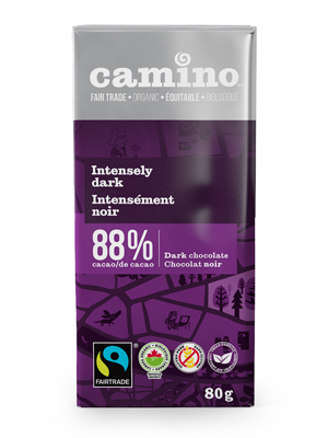Camino Intensely dark chocolate (88%) in 80g bars is available on Rosette Fair Trade