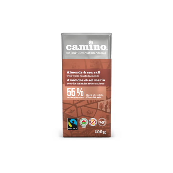 Camino almonds and sea salt chocolate bar (100g) on Rosette Fair Trade