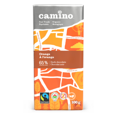 Camino dark chocolate with orange (65%) in 100g bars is available on Rosette Fair Trade
