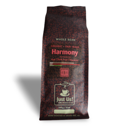 Just Us Harmony coffee (dark roast, fair trade, organic) on Rosette Fair Trade