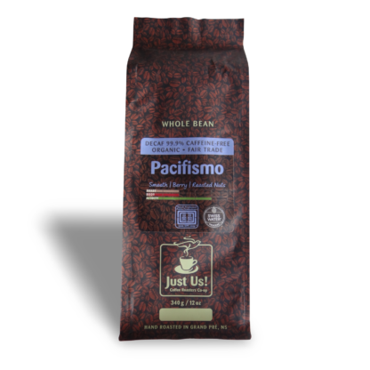 Just Us Pacifismo decaf coffee (fair trade, organic) on Rosette Fair Trade