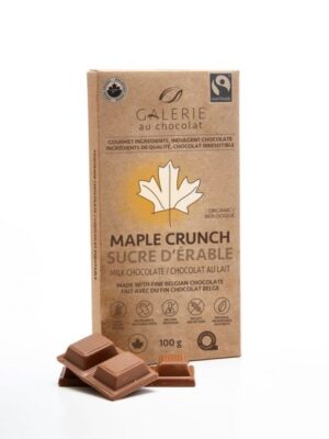 Milk chocolate maple crunch chocolate bar by Galerie au Chocolat (fair trade, organic) on the Rosette Network