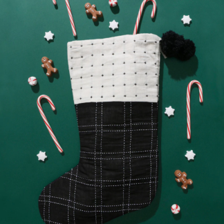 (Black) Embroidered monochrome holiday stocking by Anchal on Rosette Fair Trade