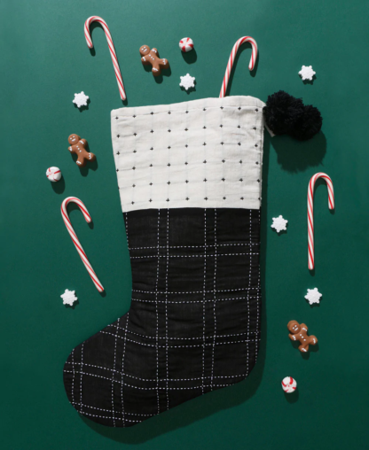 (Black) Embroidered monochrome holiday stocking by Anchal on Rosette Fair Trade