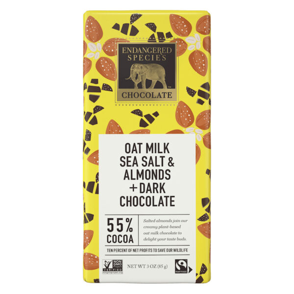 Dark chocolate with oat milk, sea salt & almonds by Endangered Species Chocollate on Rosette Fair Trade