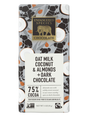 Dark chocolate with oat milk, coconut & almonds by Endangered Species Chocolate on Rosette Fair Trade